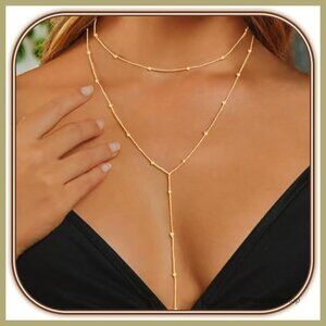 Gold Plated Y-Necklace Layered Beaded Chain Lariat